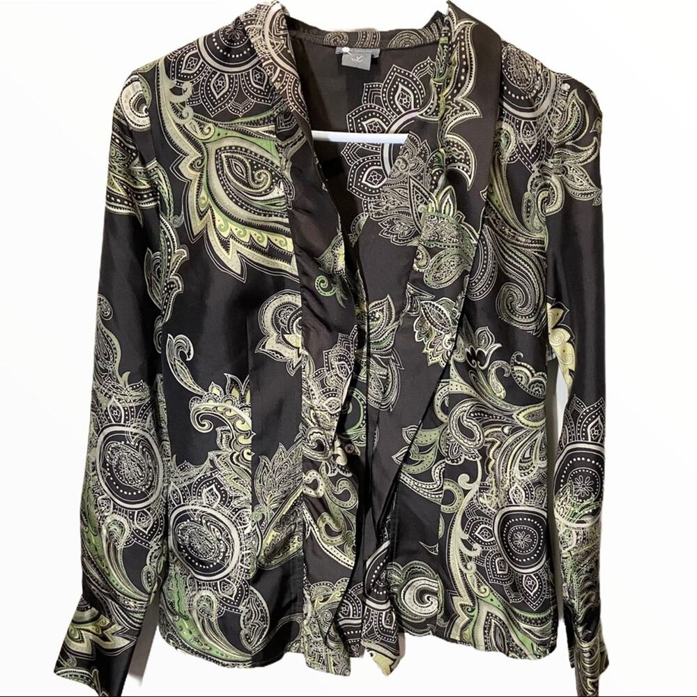 Ann Taylor 100% Silk Blouse Collar Waterfall All Over Print Button Brown 4 S